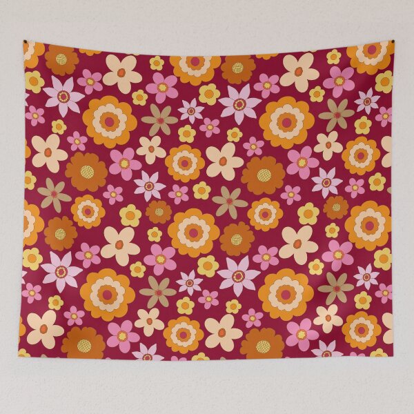 Item preview, Retro 60s 70s Colourful vibrant Floral Blooms all over on maroon red background designed and sold by PrettywithColor.