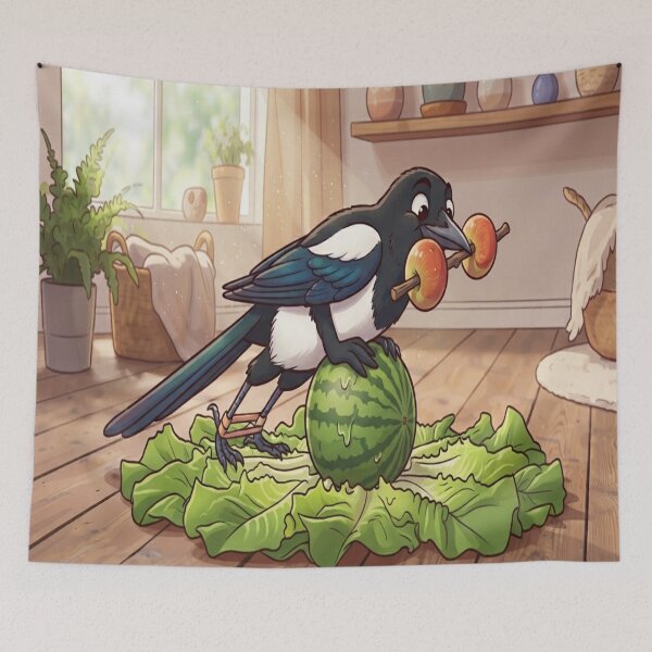 Item preview, Funny Magpie Balancing on a Watermelon with Apples designed and sold by AfresStudio.
