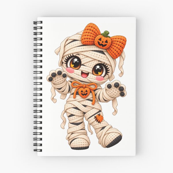 Artikelvorschau, Niedliche gehäkelte Mumie, Halloween, Kawaii, Kürbis, Schleife, gruselige Garnfigur entworfen und verkauft von ArtSpark Studio.