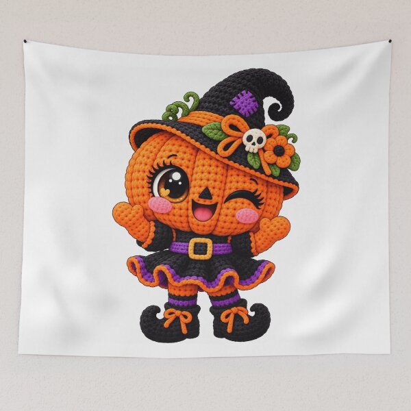 Item preview, Cute Crochet Pumpkin Witch Halloween Kawaii Spooky Fall Character designed and sold by ArtSpark Studio.