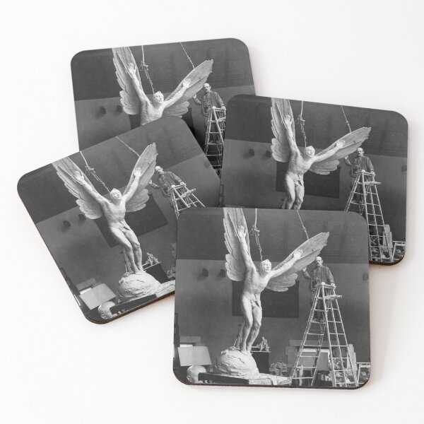 Item preview, Gutzon Borglum, sculptor, standing on ladder, alongside his sculpture, Aviator vintage black and white photograph designed and sold by Astrid Arkhangelsky.