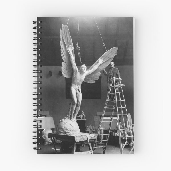 Item preview, Gutzon Borglum, sculptor, standing on ladder, alongside his sculpture, Aviator vintage black and white photograph designed and sold by Astrid Arkhangelsky.