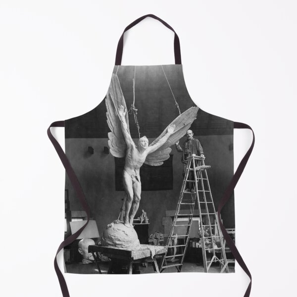 Item preview, Gutzon Borglum, sculptor, standing on ladder, alongside his sculpture, Aviator vintage black and white photograph designed and sold by Astrid Arkhangelsky.