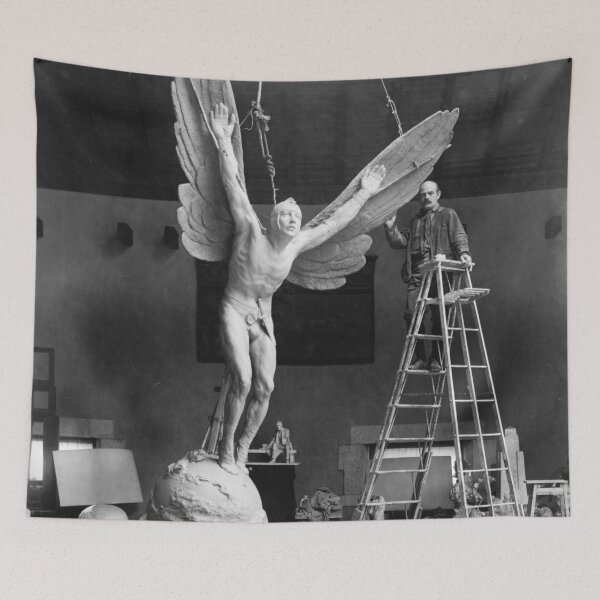 Item preview, Gutzon Borglum, sculptor, standing on ladder, alongside his sculpture, Aviator vintage black and white photograph designed and sold by Astrid Arkhangelsky.
