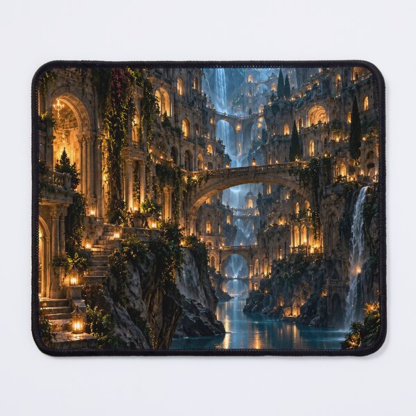 Item preview, Enchanted City of Waterfalls – Fantasy Castle, Bridges & Golden Lanterns Art designed and sold by IRON SIREN.
