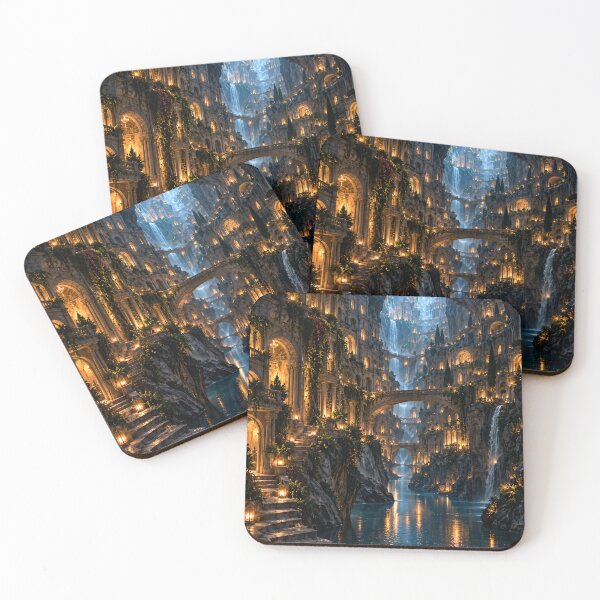 Item preview, Enchanted City of Waterfalls – Fantasy Castle, Bridges & Golden Lanterns Art designed and sold by IRON SIREN.