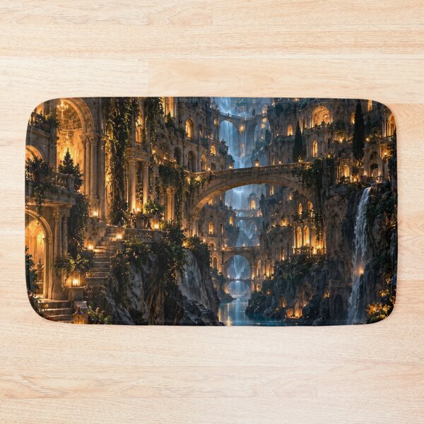 Item preview, Enchanted City of Waterfalls – Fantasy Castle, Bridges & Golden Lanterns Art designed and sold by IRON SIREN.