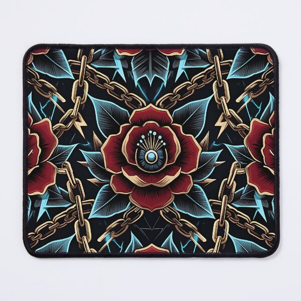 Item preview, Dark Red Roses Gold Chains Electric Blue Seamless Pattern - Gothic Tattoo Print designed and sold by ZhivanCrimson.