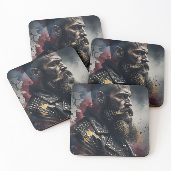 Item preview, Bearded Biker Man Watercolor Portrait Print - Dark Rock Punk Leather Jacket Art designed and sold by ZhivanCrimson.