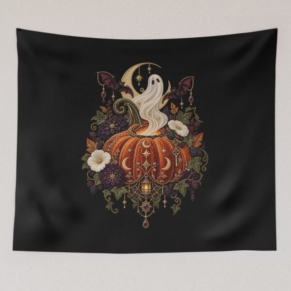 Item preview, Halloween Ghost Pumpkin Embroidery – Celestial Gothic Floral Spooky Season Art designed and sold by Emoji Emblems.