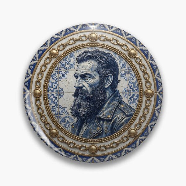 Item preview, Bearded Man Portrait Azulejo Tile Art Print - Gold Chain Frame Vintage Design designed and sold by ZhivanCrimson.