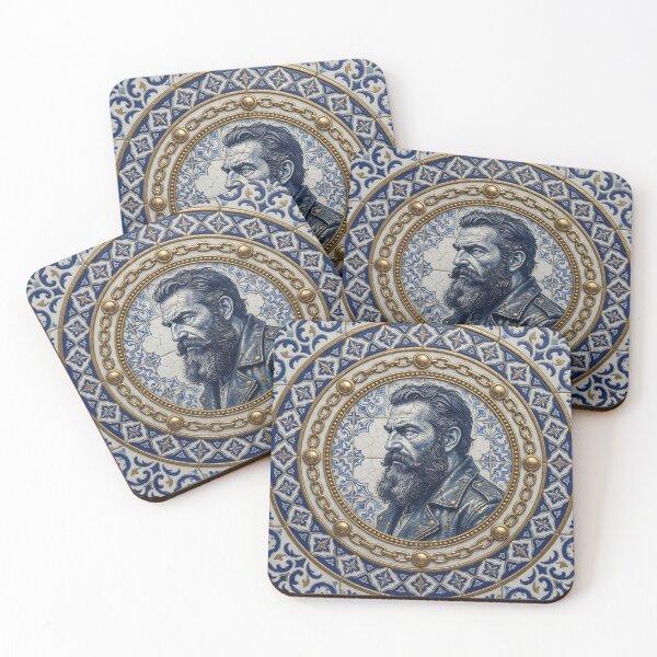 Item preview, Bearded Man Portrait Azulejo Tile Art Print - Gold Chain Frame Vintage Design designed and sold by ZhivanCrimson.
