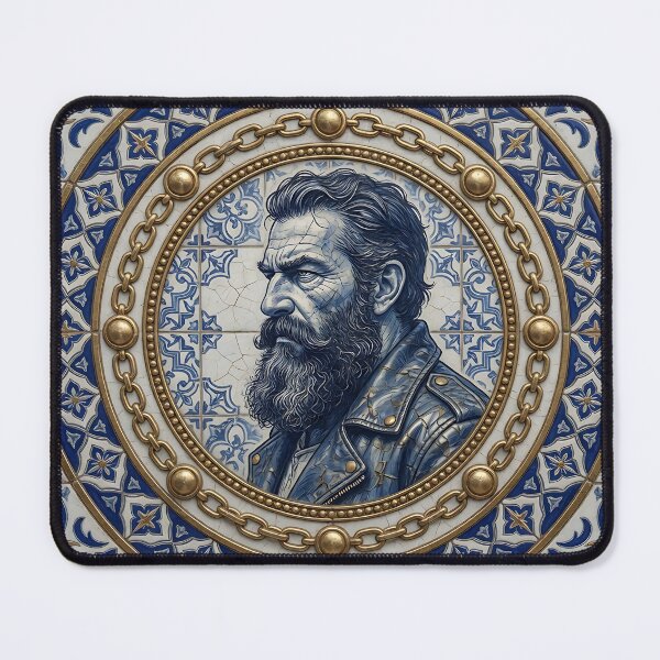 Item preview, Bearded Man Portrait Azulejo Tile Art Print - Gold Chain Frame Vintage Design designed and sold by ZhivanCrimson.