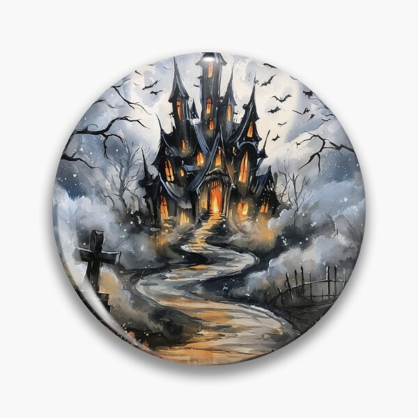 Item preview, Haunted House Halloween Watercolor Pumpkins Moon Print designed and sold by Nine Lives Studio.