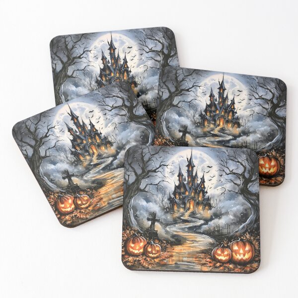 Item preview, Haunted House Halloween Watercolor Pumpkins Moon Print designed and sold by Nine Lives Studio.