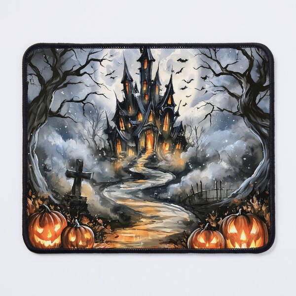 Item preview, Haunted House Halloween Watercolor Pumpkins Moon Print designed and sold by Nine Lives Studio.