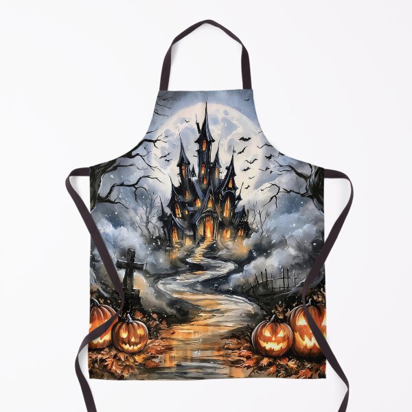 Item preview, Haunted House Halloween Watercolor Pumpkins Moon Print designed and sold by Nine Lives Studio.