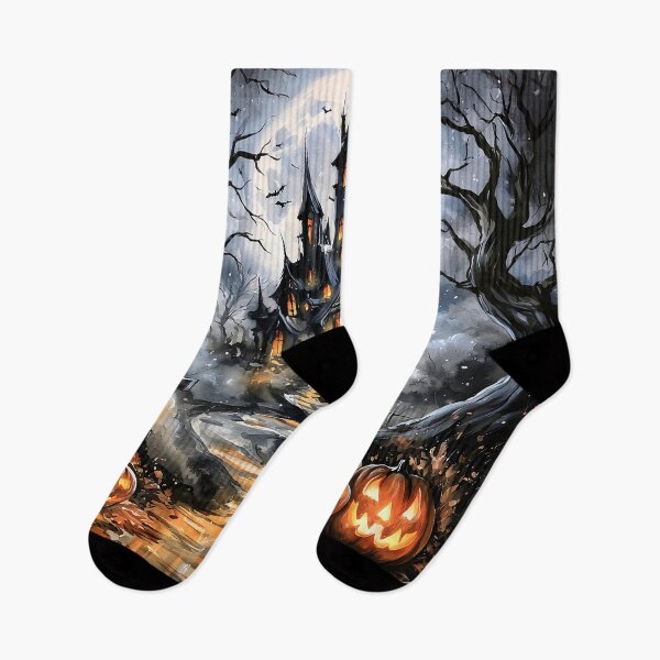 Item preview, Haunted House Halloween Watercolor Pumpkins Moon Print designed and sold by Nine Lives Studio.