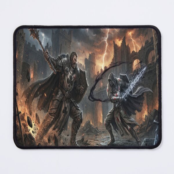 Item preview, Epic Medieval Knight Clash with Playing Card Suits and Stormy Castle Ruins designed and sold by AfresStudio.