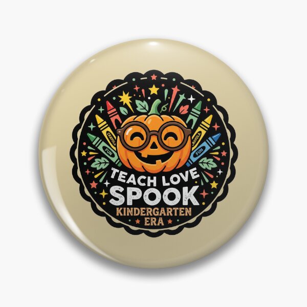 Item preview, Teach Love Spook Kindergarten Era Pumpkin Teacher Halloween Badge designed and sold by TeNovaStudio ⭐⭐⭐⭐⭐.