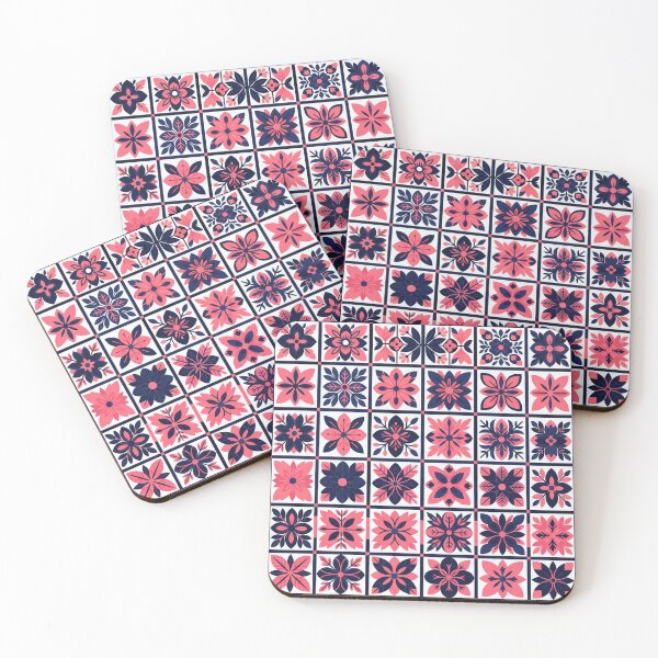 Item preview, Pink and Navy Blue Floral Tiles Pattern designed and sold by Owcomm.