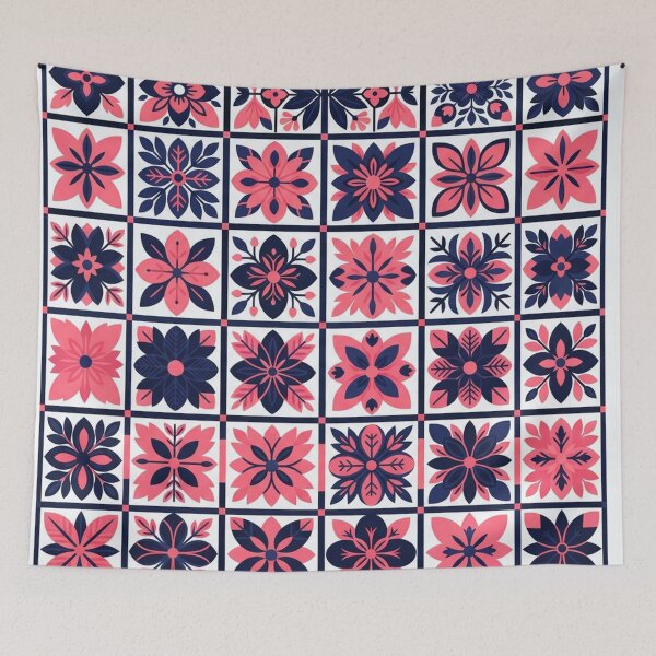 Item preview, Pink and Navy Blue Floral Tiles Pattern designed and sold by Owcomm.
