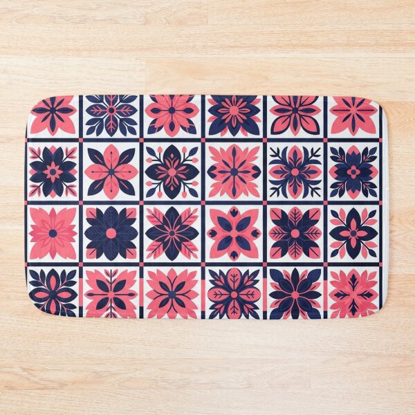 Item preview, Pink and Navy Blue Floral Tiles Pattern designed and sold by Owcomm.