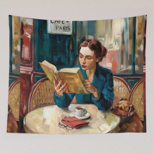 Item preview, Woman Reading at a Parisian Café with Her Dog, Impressionist Painting designed and sold by CARRAANN.