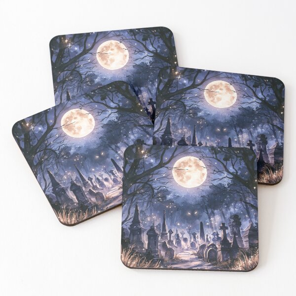 Item preview, Moonlit Graveyard Halloween Watercolor Cemetery Print designed and sold by Nine Lives Studio.