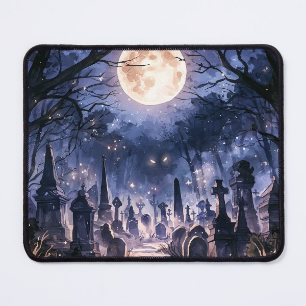 Item preview, Moonlit Graveyard Halloween Watercolor Cemetery Print designed and sold by Nine Lives Studio.