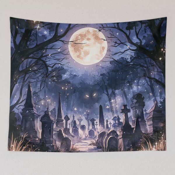 Item preview, Moonlit Graveyard Halloween Watercolor Cemetery Print designed and sold by Nine Lives Studio.