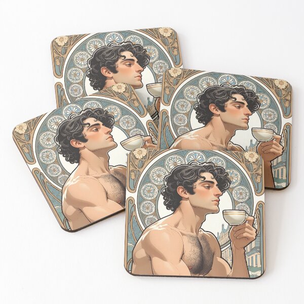 Item preview, Art Nouveau Man Drinking Coffee Print - Mucha Style Cafe Portrait Illustration designed and sold by ZhivanCrimson.