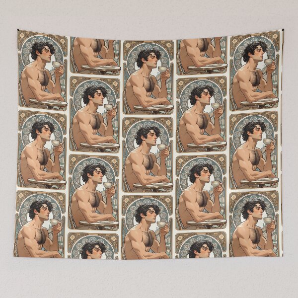 Item preview, Art Nouveau Man Drinking Coffee Print - Mucha Style Cafe Portrait Illustration designed and sold by ZhivanCrimson.