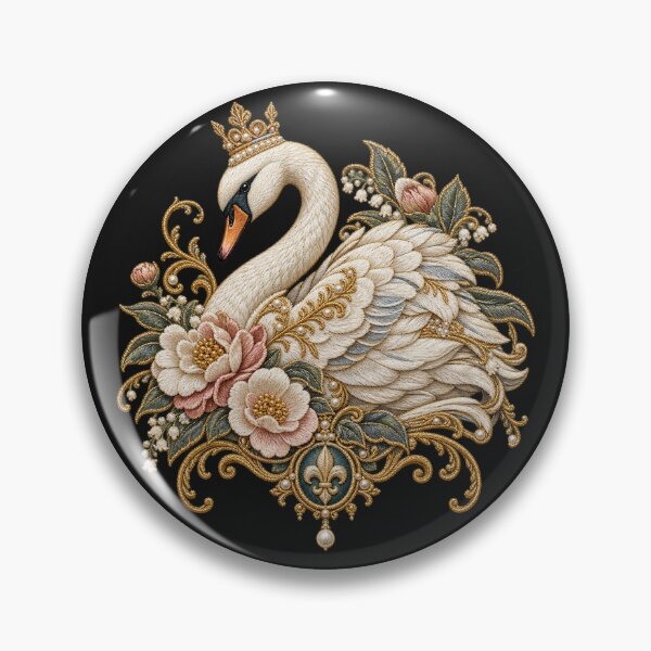 Item preview, Elegant Swan Embroidery with Gold Filigree, Pearls & Floral Detail designed and sold by Emoji Emblems.