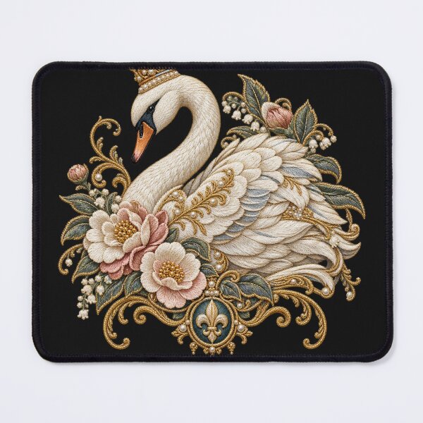 Item preview, Elegant Swan Embroidery with Gold Filigree, Pearls & Floral Detail designed and sold by Emoji Emblems.