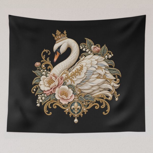 Item preview, Elegant Swan Embroidery with Gold Filigree, Pearls & Floral Detail designed and sold by Emoji Emblems.