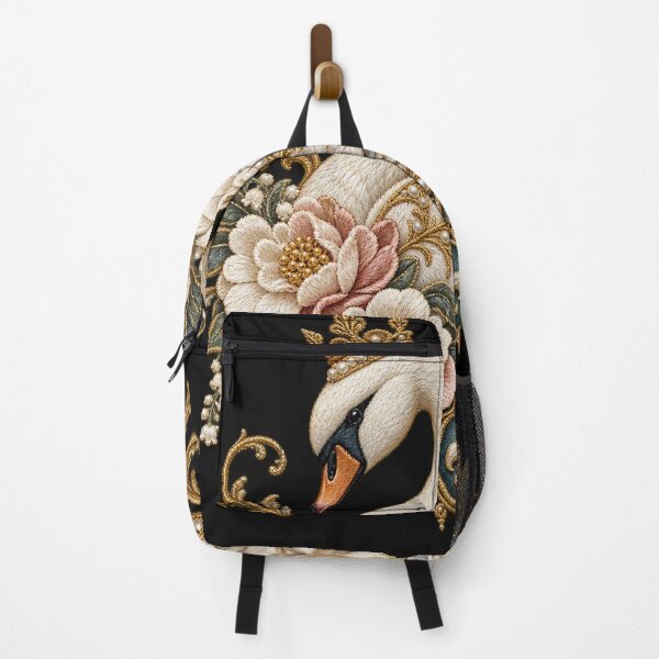 Item preview, Elegant Swan Embroidery with Gold Filigree, Pearls & Floral Detail designed and sold by Emoji Emblems.