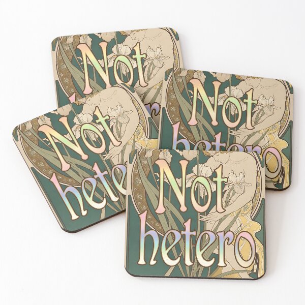 Item preview, Not Hetero Art Nouveau Print - Mucha Style Iris Flowers Pride Quote Design designed and sold by ZhivanCrimson.