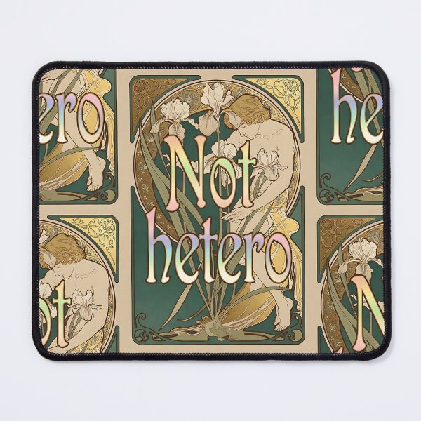 Item preview, Not Hetero Art Nouveau Print - Mucha Style Iris Flowers Pride Quote Design designed and sold by ZhivanCrimson.