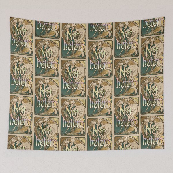 Item preview, Not Hetero Art Nouveau Print - Mucha Style Iris Flowers Pride Quote Design designed and sold by ZhivanCrimson.