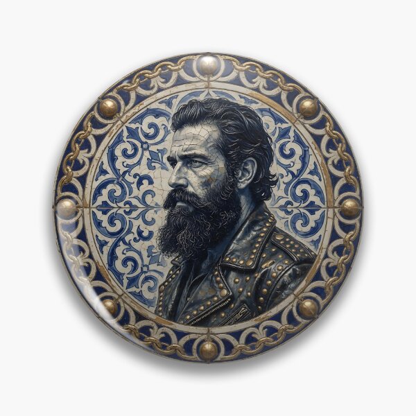 Item preview, Bearded Biker Man Azulejo Tile Portrait Print - Gold Chain Frame Vintage Design designed and sold by ZhivanCrimson.