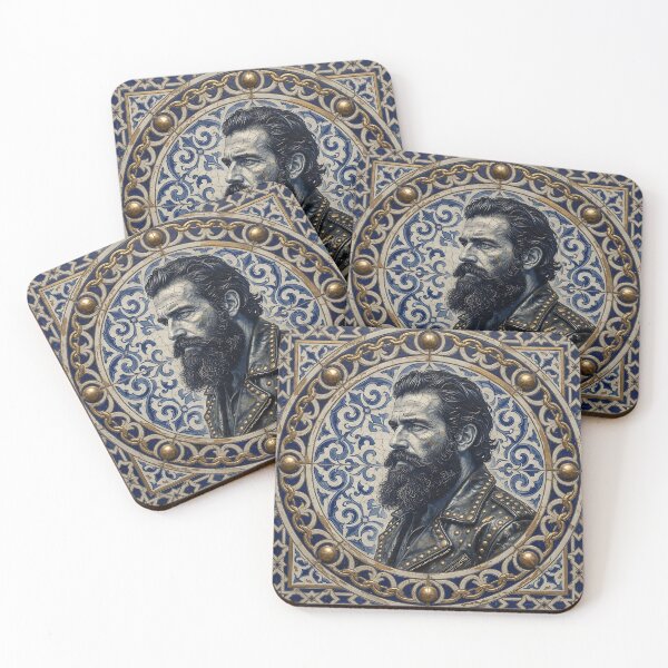 Item preview, Bearded Biker Man Azulejo Tile Portrait Print - Gold Chain Frame Vintage Design designed and sold by ZhivanCrimson.