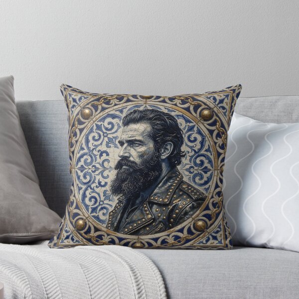 Item preview, Bearded Biker Man Azulejo Tile Portrait Print - Gold Chain Frame Vintage Design designed and sold by ZhivanCrimson.