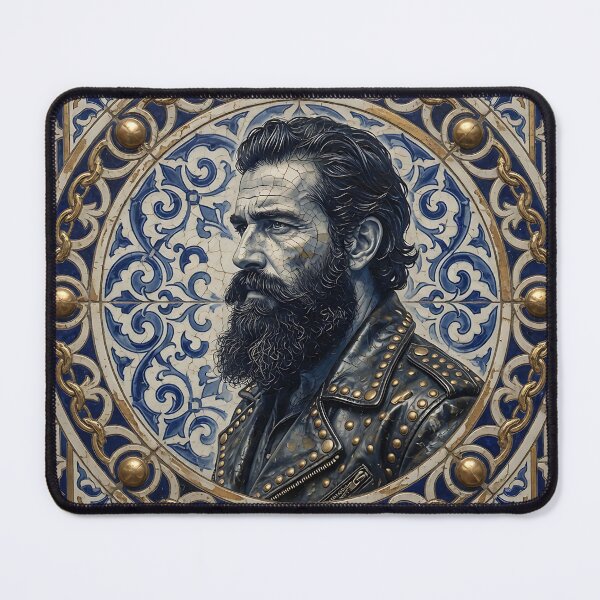 Item preview, Bearded Biker Man Azulejo Tile Portrait Print - Gold Chain Frame Vintage Design designed and sold by ZhivanCrimson.