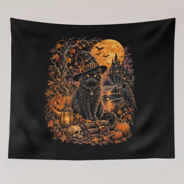 Item preview, Mystical Black Cat Halloween Night Haunted Forest Pumpkin Moon Vintage Gothic designed and sold by SOUFIANE1991.
