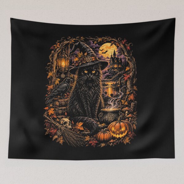 Item preview, Mystical Black Cat Halloween Night Haunted Forest Pumpkin Moon Vintage Gothic designed and sold by SOUFIANE1991.
