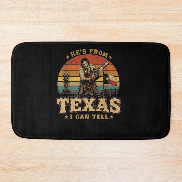 Item preview, Hes From Texas I Can Tell Leatherface Chainsaw Retro Sunset Stripes Horror Movie Fan Apparel designed and sold by Sendowart.