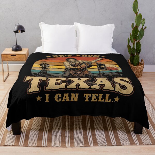 Item preview, Hes From Texas I Can Tell Leatherface Chainsaw Retro Sunset Stripes Horror Movie Fan Apparel designed and sold by Sendowart.
