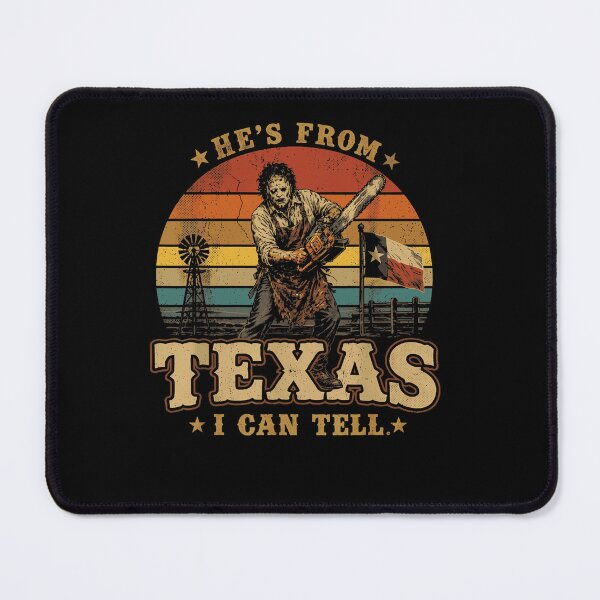 Item preview, Hes From Texas I Can Tell Leatherface Chainsaw Retro Sunset Stripes Horror Movie Fan Apparel designed and sold by Sendowart.