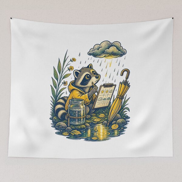 Item preview, The Raccoon Weather Bureau Funny Rainy Day Illustration designed and sold by QuietlyField.